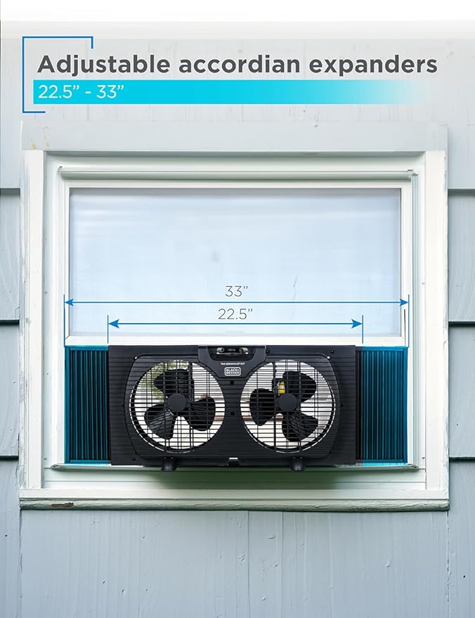 BLACK+DECKER 9" Dual Window Fan with 2 Speed Settings, Twin Fan Heads with Mechanical Dial Control, Removable Legs, For Sliding Windows up to 33” W with Accordion Expanders, BFW9MB, Black