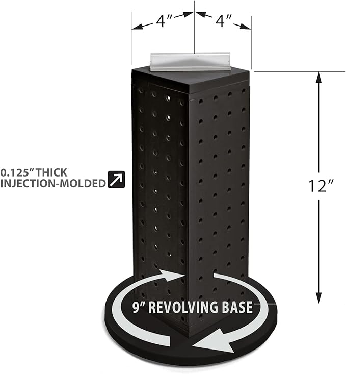 Azar Displays, 700220-BLK-2B16, Revolving Pegboard Kit, Counter Display with Locking Hooks, Jewelry Organizer for Trade Shows, Rotating, 16 Pack of 2 inch Hooks Included, Black, 4” x 12”