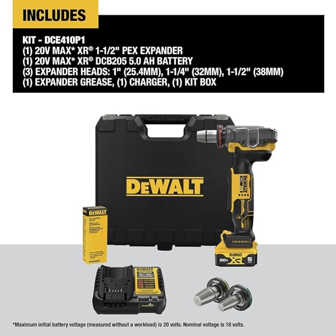 DEWALT 20V MAX XR PEX Expander Tool Kit with 1", 1-1/4", and 1-1/2" Expansion Heads, Battery and Charger Included (DCE410P1)