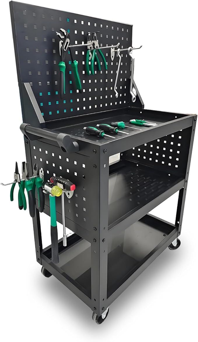3 Tier Rolling Tool Cart on Wheels - Metal Service Cart Industrial Utility Cart for Mechanic - 330LBS Load Mobile Storage Organizer for Garage