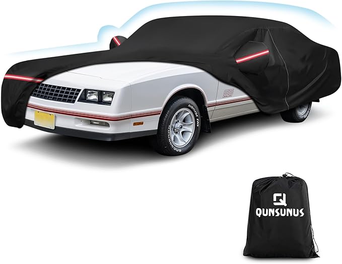 QUNSUNUS Car Cover for Chevy Monte Carlo 1970-1972 and 1978-1988, Waterproof Car Covers with Cotton Lining, All Weather Monte Carlo Cover with Straps and Zipper for Wind, Sun and Dust Protection