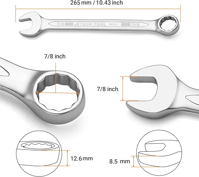 Jetech 7/8 Inch Combination Wrench - Industrial Grade Spanners with 12-Point Design, 15-Degree Offset, Made with Durable Chrome Vanadium Steel in Sand Blasted Finish,SAE