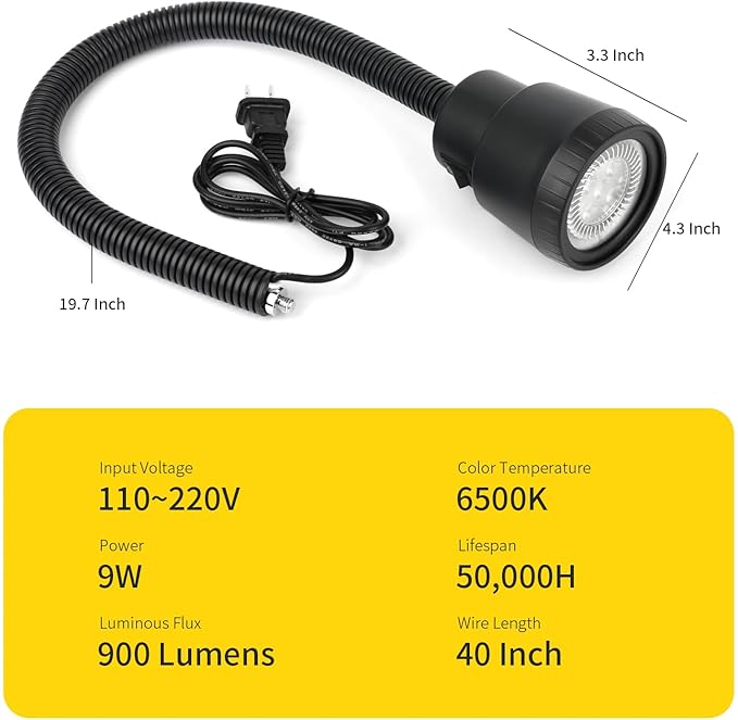 Led Work Light, 9W Machine Lights, 1000 Lumens Flexible Work Lamp for Lathe Milling Machine Drill Press, Aluminum Alloy Light Head (Plastic Head)