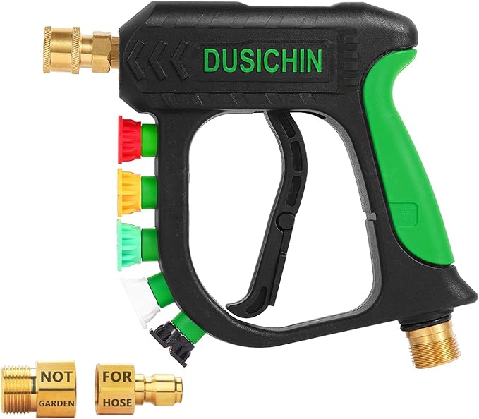 DUSICHIN Short Pressure Washer Gun Car Wash Foam Gun 1/4" Quick Connector, Power Washer Wand Sprayer Foam Green Handle with 3/8" Quick Connect, M22-14 mm and M22-15 mm Fitting,5 Nozzles DUS2701