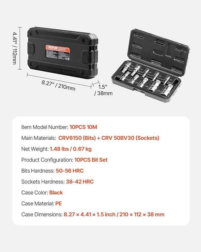 VEVOR XZN Triple Square Spline Bit Socket Set, 10-Piece M4 - M18, Premium Cr-V Steel, 1/4 in, 3/8 in, and 1/2 in Drives, with Enhanced Storage Case, Triple Square Socket Set for Hand Use, Automotive