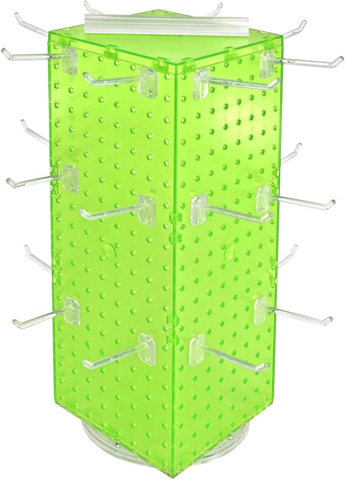 Azar Displays 703385-GRE-4C24, Four-Sided Revolving 8"W x 20"H Pegboard Counter Display w/ 24 Hooks- 4” Length, Green