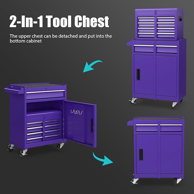 Goplus Purple Tool Chest, 5 Drawers Rolling Tool Cabinet w/Detachable Top Toolbox, Universal Lockable Wheels,Lock Bar,Protective Liner,Tool Rack, Metal Tool Storage Cart, Tool Box for Garage Workshop