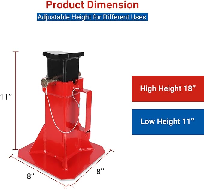 Heavy Duty Pin Type Professional Car Jack Stand with Lock, Automotive Jack Stands for Supporting Trucks Trailers Car, Adjustable Height 11"-18", 12 Ton (26,400 Lb) Capacity, Red, 1 Pair
