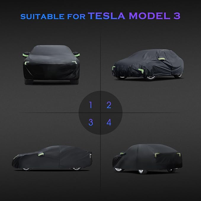 Car Cover Custom Fit for Tesla Model 3 2017-2026, 6 Layers Truck Cover Waterproof All Weather for Automobiles,Outdoor Full Exterior Cover,Rain, Sun, Wind Protection,Black