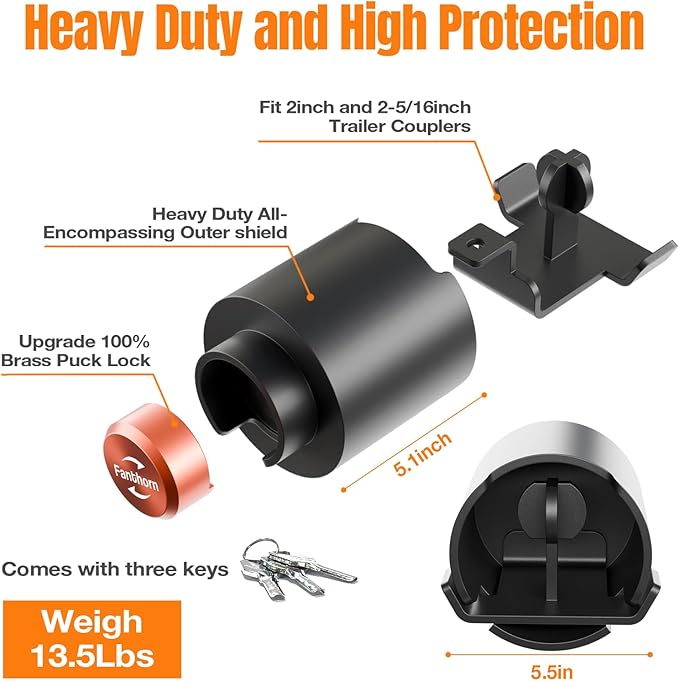 Heavy Duty Trailer Hitch Locks Fits 2" and 2-5/16" Couplers, Upgraded Anti Theft Trailer Tongue Lock Secure with Coupler and Safety Chain, Trailer Lock for RV Camper Trailer Truck Pickup Boats(Orange)