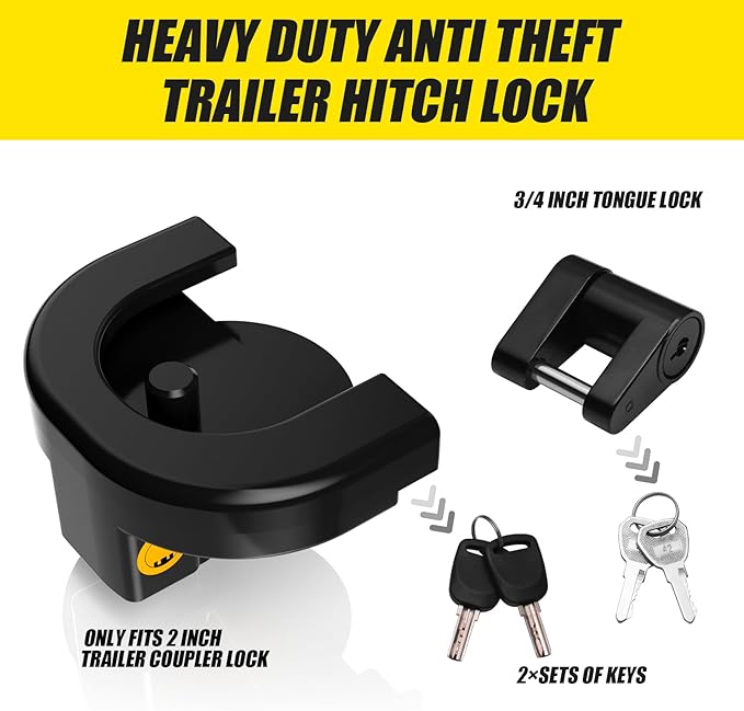 Trailer Hitch Lock, Heavy Duty Anti-Theft Trailer Tongue Lock for 2 Inch Couplers, Reinforced Solid Steel Tow Hitch Coupler Locks Set for RV, Camper, Boat, Caravan