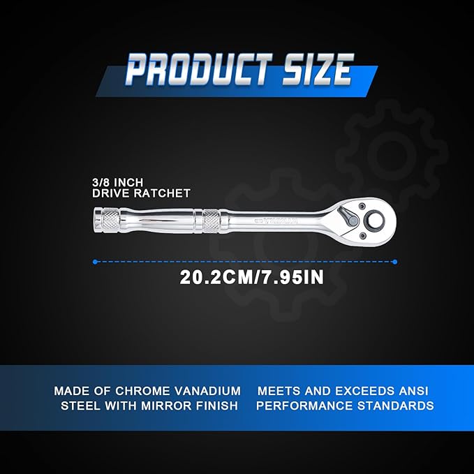 3/8 Inch Drive Ratchet Wrench,Standard Socket Wrench,72-Tooth Quick Release,Reversible Ratcheting Feature with Metal Handle