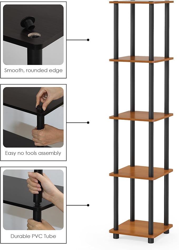 FURINNO Turn-N-Tube 5-Tier Corner Square Rack Display Shelf, Round, Light Cherry/Black