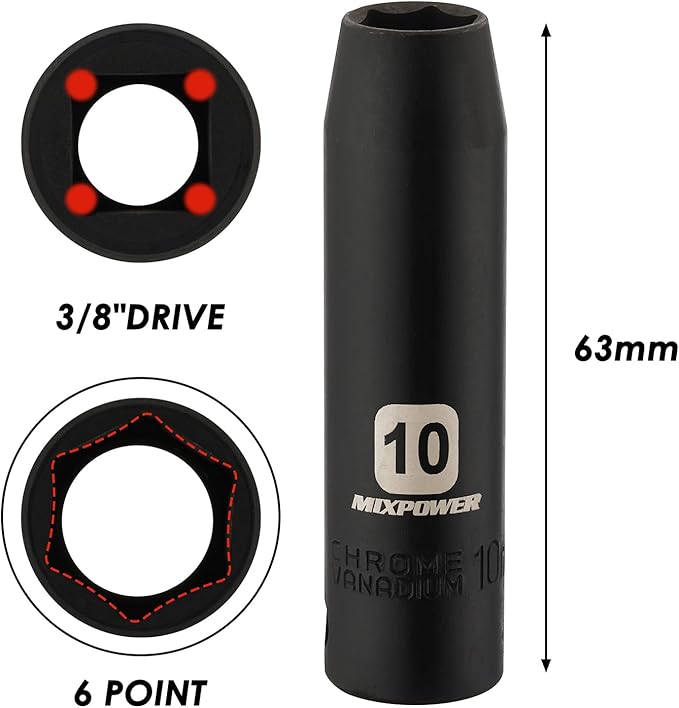 MIXPOWER 6PCS 3/8"Drive 10mm Deep&Shallow Socket, 6 Point & 12 Point, CR-V, Metric, Black Phosphate Finish…