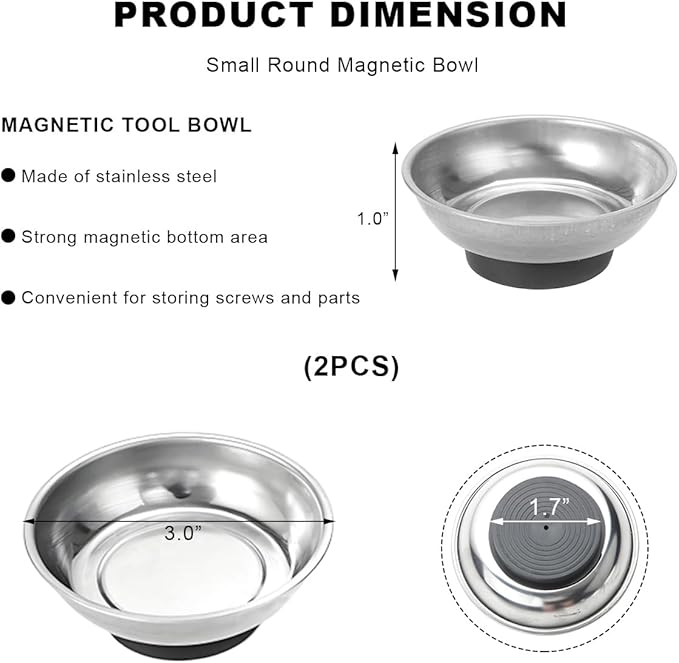2 PCS Magnetic Tray Holders, 3" Stainless Steel Round Magnetic Parts Tray Set, Heavy Duty Thickened Tray Bowl for Screws Bolts Nuts Metal Parts, Magnetic Tray for Mechanic's