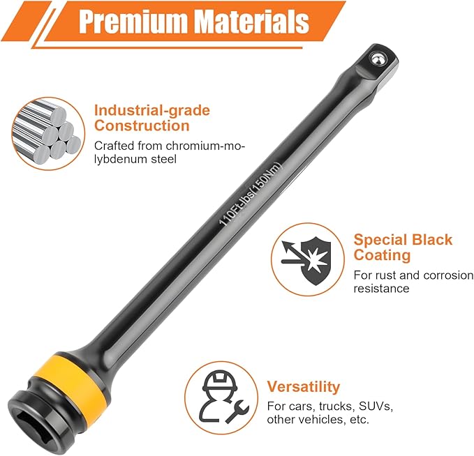 Torque Limiting Extension Bar Kit, 10 Piece 1/2" Drive Torque Wrench Set with Color-Coded Torque Sticks (65-150 Ft-Lbs), Compatible with 1/2" Drive Tools for Lug Nuts, Automotive Repair