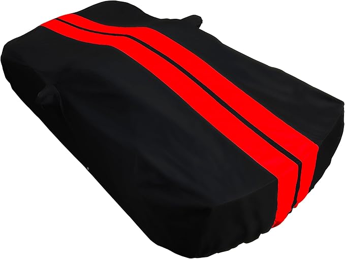 SR1 Performance USA C7 Corvette Car Cover - Custom Fit Indoor/Outdoor UV & Rain Protection - Ultraguard 300 Denier High End for 2014-2019 Stingray, Z51, Z06, Grand Sport (Black with Red Stripes)