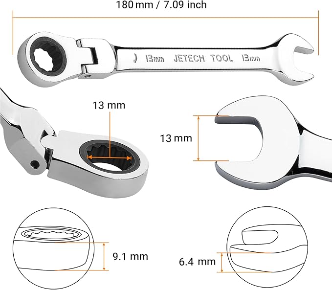 Jetech 13mm Flex-Head Ratcheting Combination Wrench, Premium Industrial Grade Spanner 72-Tooth Cr-V Steel - 180 Degree Flexible Box End Perfect for Tight Spaces, Auto & DIY Repair