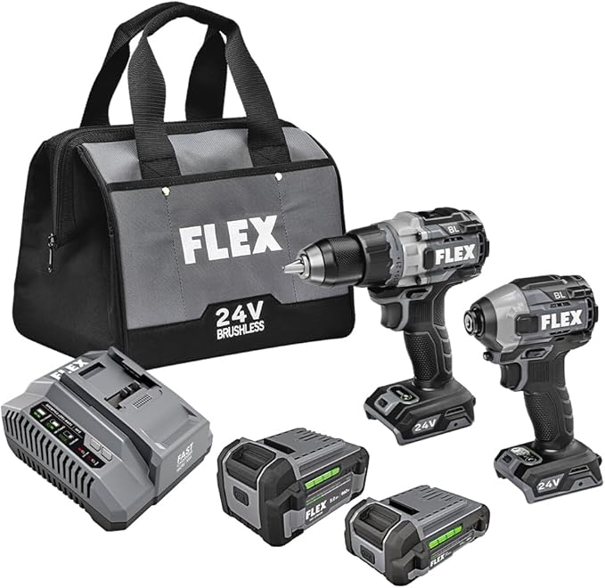 FLEX 24V Brushless Cordless 2-Tool Combo Kit: 1/2-Inch Drill Driver with Turbo Mode and 1/4-Inch Quick Eject Hex Impact Driver with 2.5Ah, 5.0Ah Lithium Batteries and 160W Fast Charger - FXM204-2B
