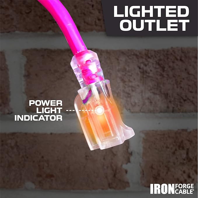 Iron Forge Cable Weatherproof 100 Ft Outdoor Extension Cord - 16/3 SJTW 10 Amp Heavy Duty Neon Pink Extension Cord 3 Prong - Lighted End
