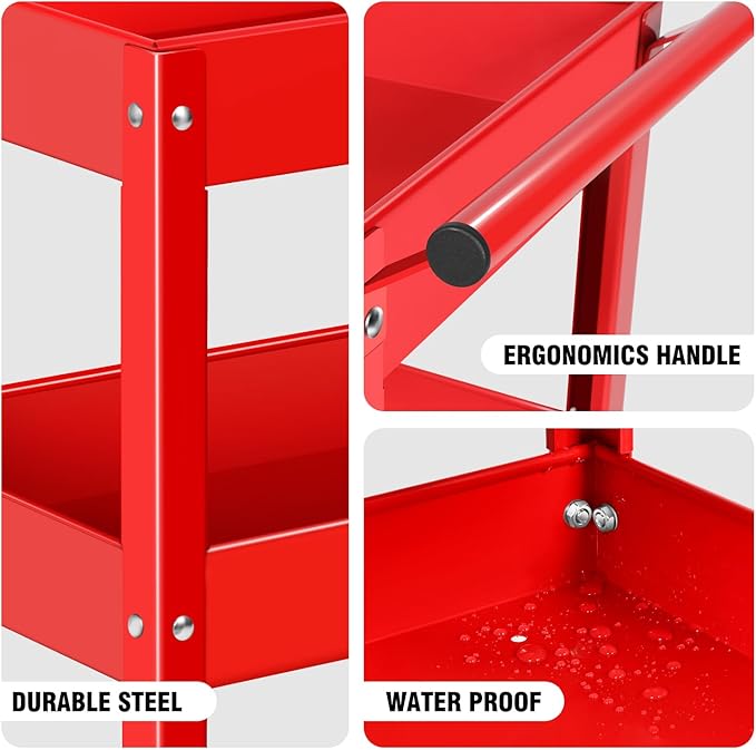 DNA Motoring 3-Layer Steel Utility Service Cart with Casters for Warehouse, Garage, Office, Supports Up to 330 lbs, Red, TOOLS-00413