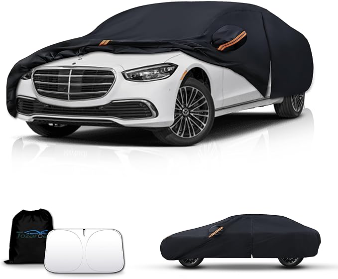 Waterproof Car Cover All-Weather, Heavy-Duty Outdoor Full Exterior Automobiles Snow Cover for Sedan 204-208 inch with Sun Visor,Zippered & Storage Bag - Black