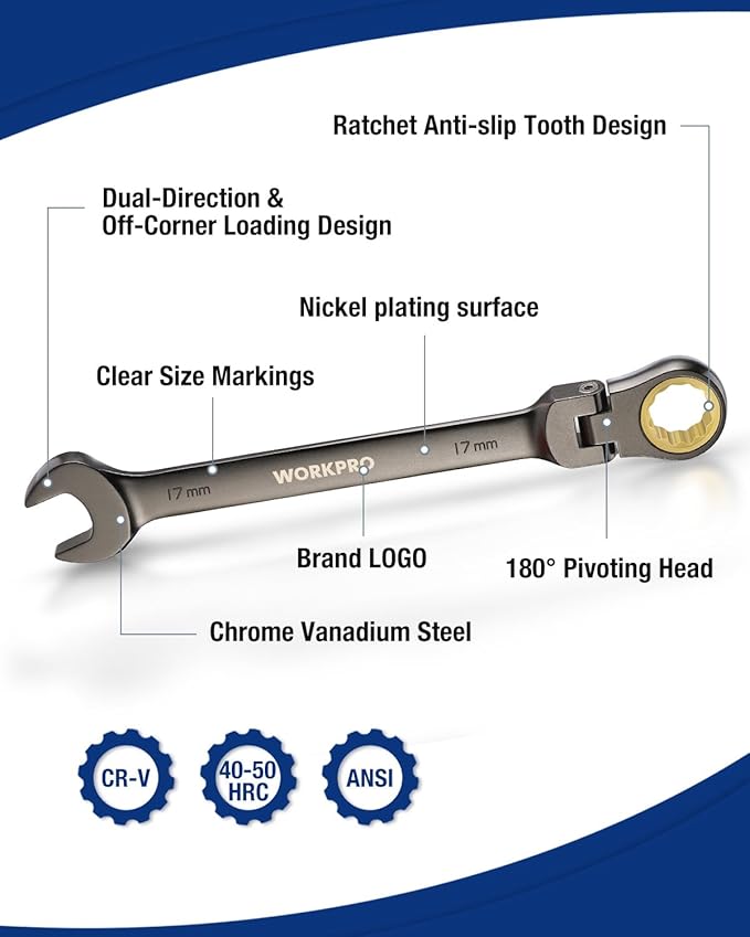 WORKPRO 8-piece Flex-Head Ratcheting Combination Wrench Set, Metric 9-17 mm, 72-Teeth, Cr-V Constructed, Nickel Plating with Organization Bag