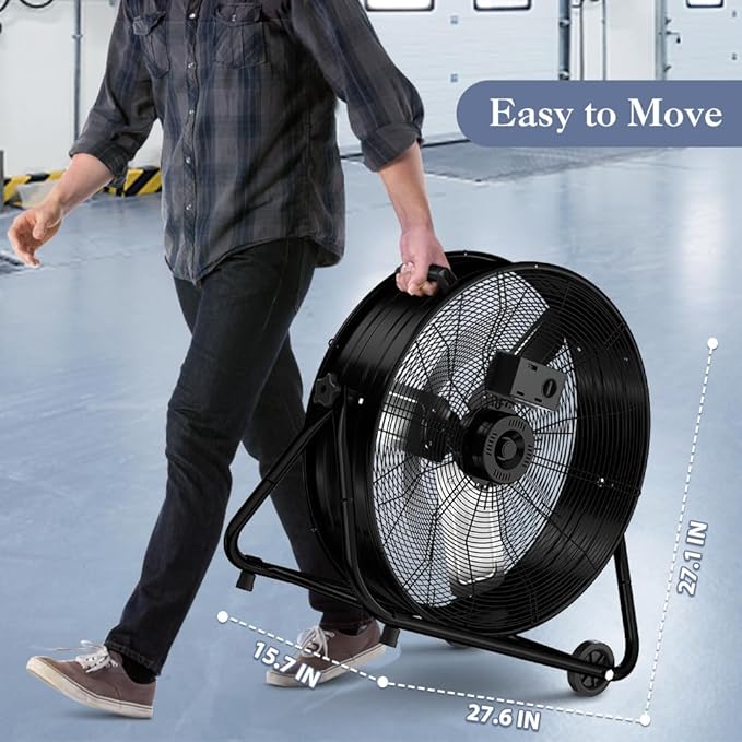 LifePlus 24 Inch Industrial Drum Fan High Velocity Floor Shop Fan 3 Speed, Heavy Duty Metal Air Circulator with Adjustable Tilt & Large Wheel for Warehouse, Garage, Factory, Patio, Barn, Black