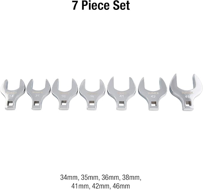 Sunex Tools 9740A 1/2-Inch Drive Jumbo Metric Crowfoot Wrench Set, 34mm - 46mm, Fully Polished, 7-Piece (Includes Storage Rail)
