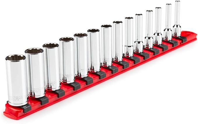 TEKTON 1/4 Inch Drive Deep 12-Point Socket Set with Rail, 14-Piece (4-15 mm) | SHD90114