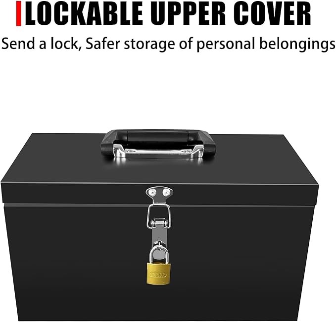 Peastorm Small Steel Metal Tool Box, Lockable Storage Box for Storing Valuable Items, Office Documents, Garage Tools (12" Black)
