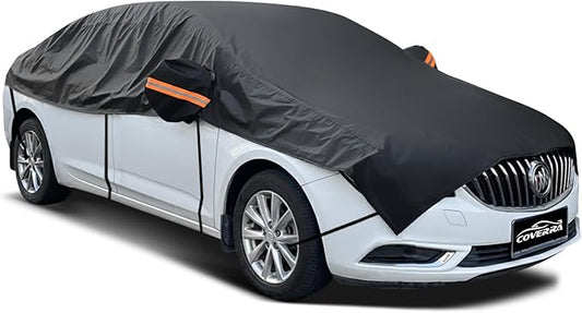 Half Car Cover for Medium-Size Sedan, Waterproof All-Weather Snow Sun Rain Protector with Reflective Strip, Durable Car Body Cover