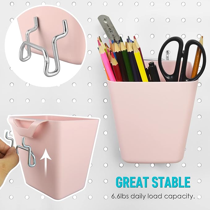 G.CORE Large Pegboard Cups Peg Board Storage Bin 6 Pack with Hooks, Square Box Shape Pegboard Cup Holder Accessories for Garage Workbench/Craft Room/Office/Playroom/Home Kitchen Organization (Mixed)