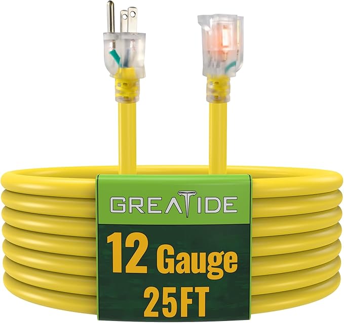 Outdoor Extension Cord with Lighted End, 12 Gauge Heavy Duty Extension Cord 25 FT, 3 Prong Grounded 15 Amp Extension Cord, 12/3 SJTW Waterproof Power Cord for Appliance, UL Listed, Yellow