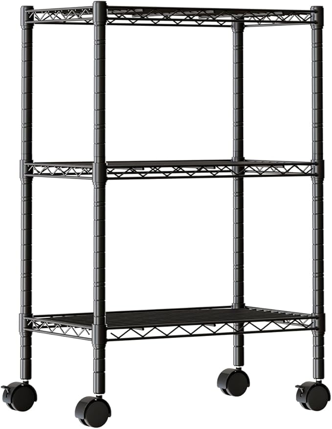 DUMOS 3 Tier Metal Shelving, Heavy Duty Shelves Wire Shelving Unit with Removable Wheel Casters, Shelves Organizer for Bathroom Garage Living Room Kitchen Pantry Laundry Black
