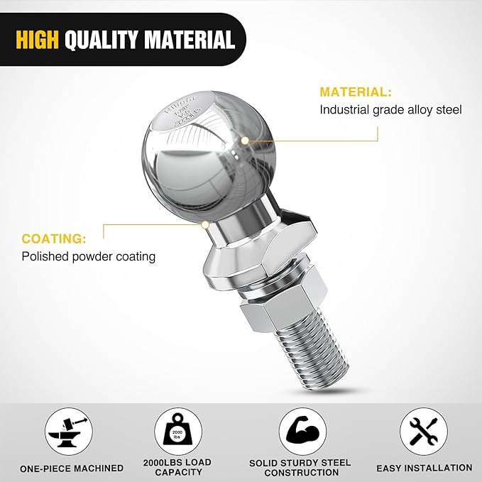 Nilight 1-7/8-Inch Diameter Chrome Trailer Hitch Ball, 2,000 lbs, 1 x 1-5/8-Inch Shank Universal Fit Gray