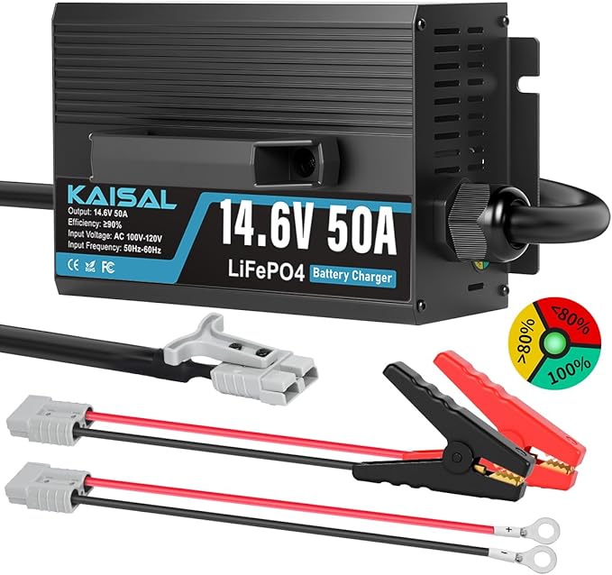 12V 50A Lithium Battery Charger 14.6V 50A Fast LiFePO4 Charger 0V Wake Up 12 Volt Lithium Charger with 8 Protection & 3 Connectors for 12.8V LiFePO4 Battery of RV, Marine, Boat, Solar, Trolling Motor