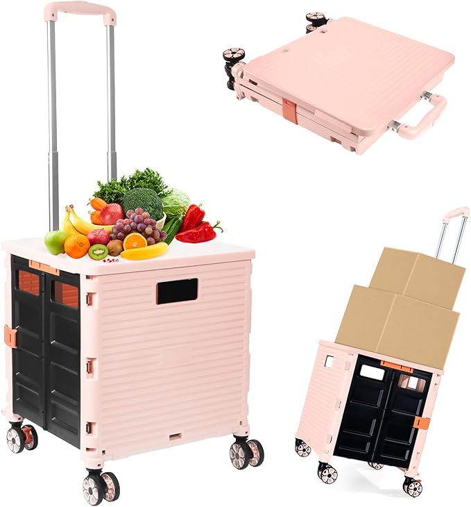 Foldable Utility Cart Folding Portable Rolling Crate Handcart Shopping Trolley Wheel Box with Lid Wear-Resistant Noiseless 360°Rotate Wheel for Travel Shopping Moving Storage Office (Pink)