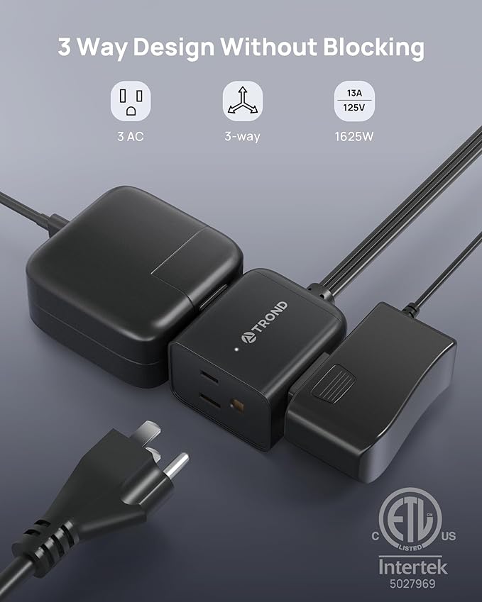 TROND Flat Extension Cord 10ft - Right Angled Flat Plug Power Strip, ETL Listed, 3 Plug Extension Outlets, Three Prong, SPT 16/3 Gauge Cable, 13 Amps, Compact for Indoor Home Office Kitchen, Black