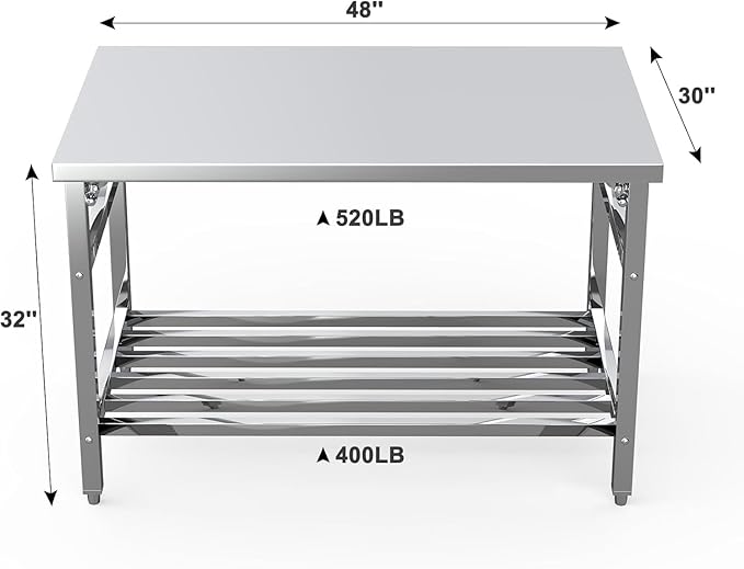 48" x 30" Stainless Steel Commercial Work Table, Heavy Duty Folding Stainless Steel Prep Table with Adjustable Undershelf for Restaurant, Kitchen, Food Service, Space-Saving, No Installation Required