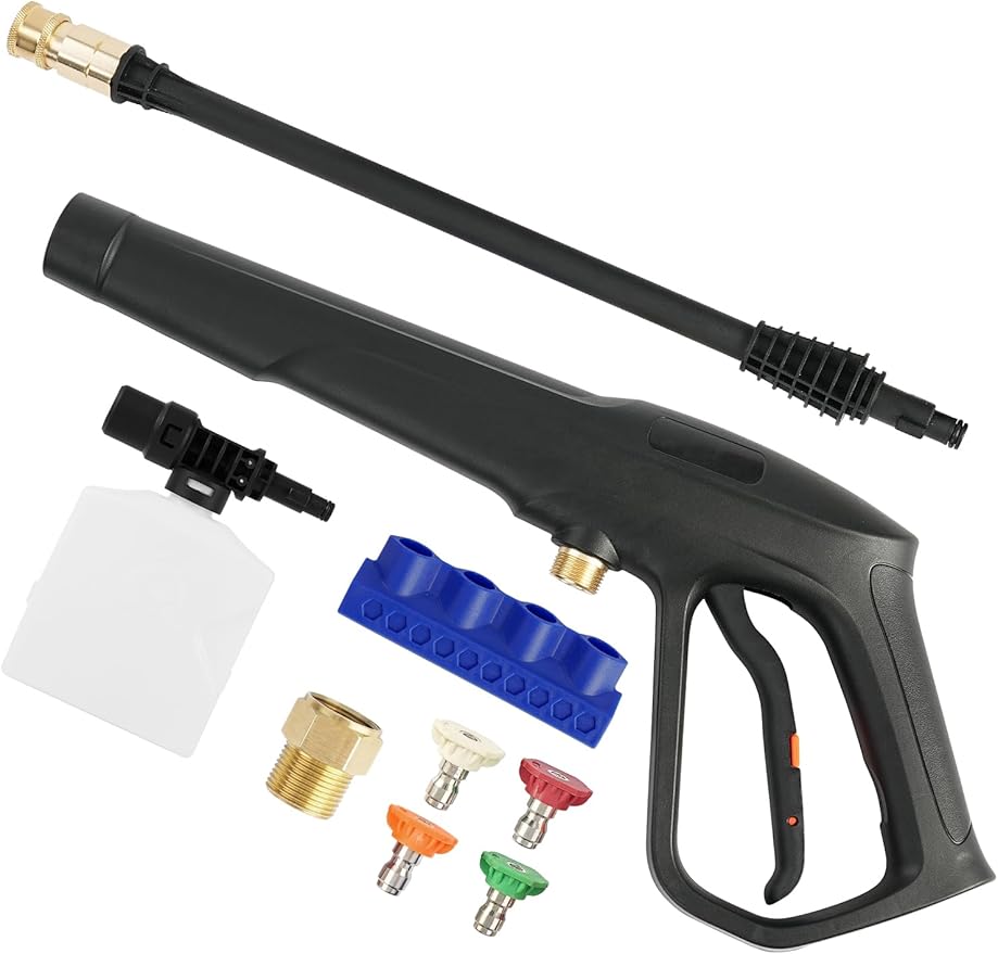 Pressure Washer Gun with Foam Cannon, Max W.P. 2320PSI, B.P. 5000PSI, M22-14mm & M22-15mm Fitting, 4 Stainless Steel Nozzle Tips & Holder, Replacement for Ryobi, Greenworks, and More