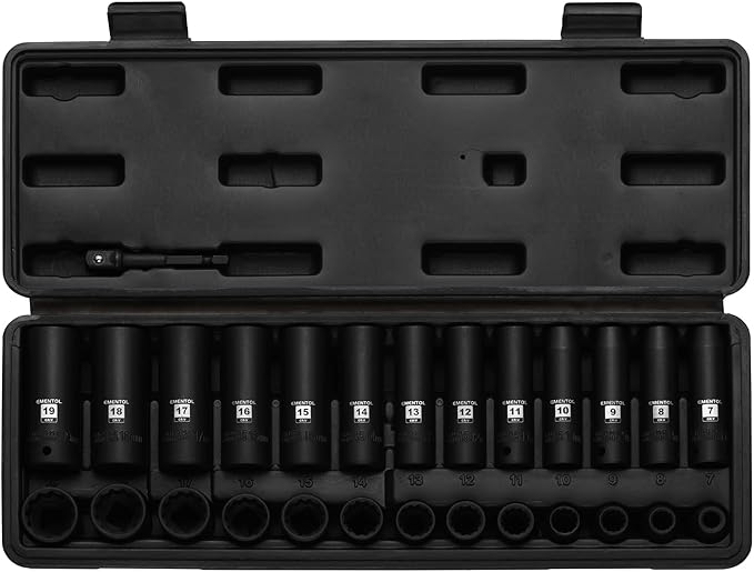 EMENTOL 3/8" Drive Impact Socket Set, 27PCS, Metric(7mm to 19mm), Deep and Shallow, 12 Point, Includes Drill Bit Adapter