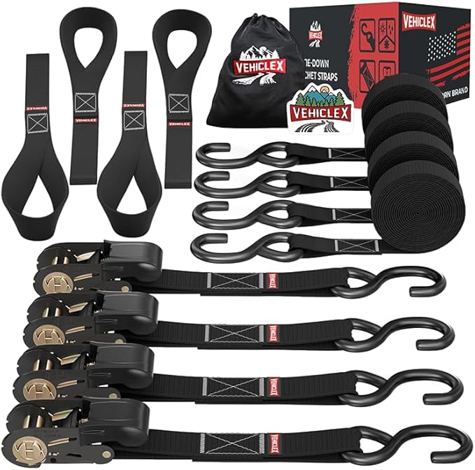 Ratchet Tie Down Straps (1,800 lbs Break Strength) - Vehiclex 15 Ft Versatile Straps for Powersports, Garage, and Outdoor Use - Soft Loops, Deep S-Hooks & Comfort Grip Handle (4 Pack, Black)
