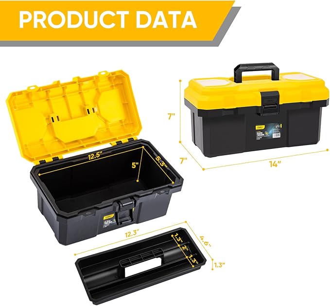 14 Inch Tool Box with Lock, 2-Layer Heavy-Duty Organizer with Removable Tray, Liftable Lid for Small Parts, 16lb Capacity & Carry Handle for Tools, Camping, Medical Supply Storage