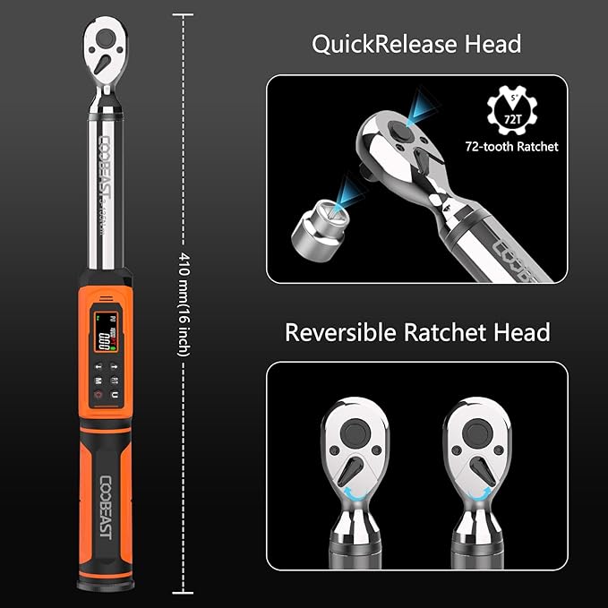 Digital Torque Wrench, 3/8 Drive Electronic Torque Wrench with Preset Value(1.5-99.5 Ft-lbs./2-135Nm), Buzzer and LED Flash Five Units of Measure for Bike Motorcycle Car