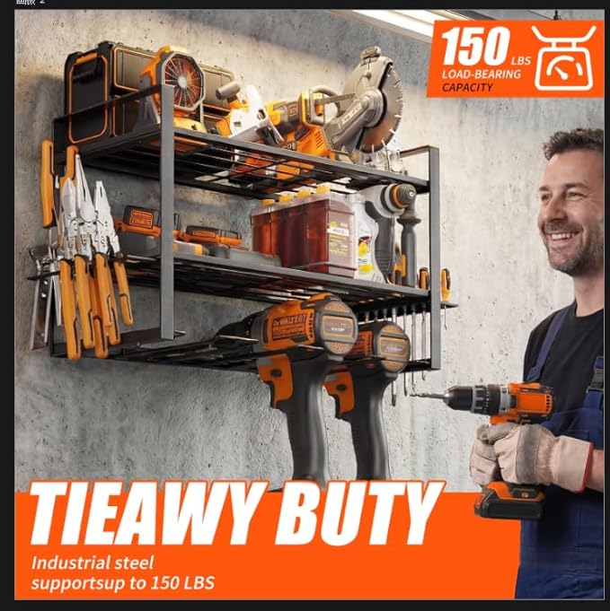 Wall Mount Tool Organizer, 3-Layer Heavy Duty Metal Rack for 4 Drills, with Screwdriver and Hammer Holder, 150 Lbs Capacity, Garage and Workshop Storage (trumpet, 3-4)