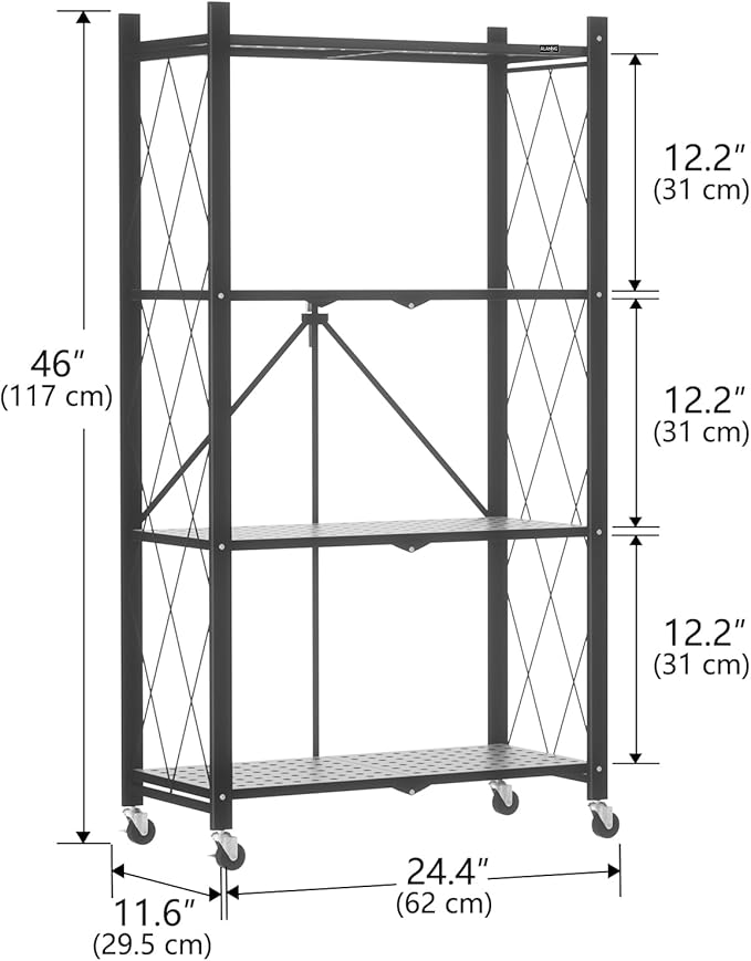 ALANNG Heavy Duty 4-Tier Folding Shelf with Wheels, No Tools Assembly Metal Storage Rack Cart, 264LBS Capacity for Kitchen, Pantry, Laundry Room, Garage, (Black, 1PACK)