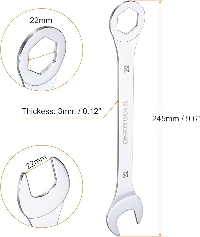 HARFINGTON Thin Combination Wrench Metric 22mm 6-Point Ended Box 15 Degree Offset Open End CR-V Chrome Plated Steel, Silver
