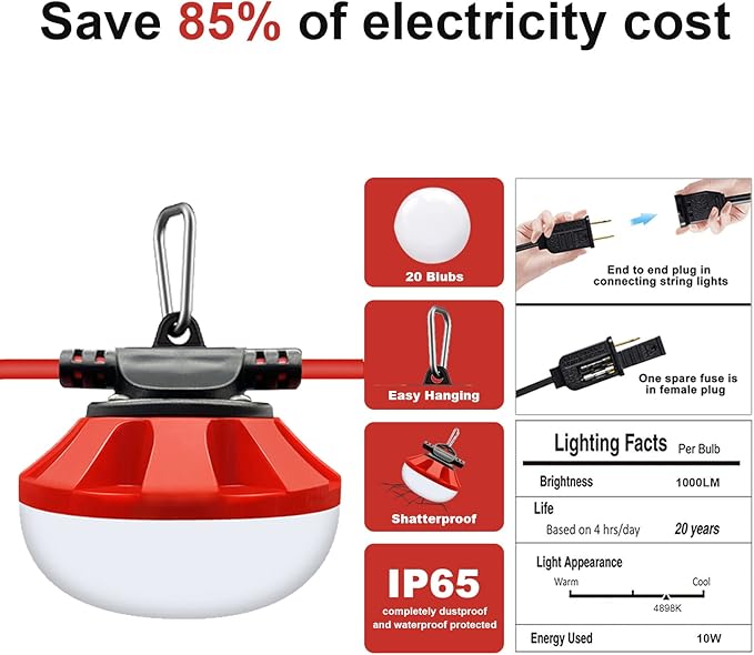 200FT LED Construction String Lights Temporary Lighting 20000LM Outdoor Construction Temporary Work Lights Super Bright,20 Medium Base Sockets Linkable Job Site Lighting Led Work Lights