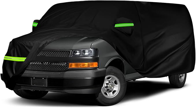 Waterproof Car Cover Compatible with Chevrolet Express/GMC Savana Cargo Van 1500/2500/3500 Extended Length LWB 2003-2025, 6 Layers Car Covers with Zipper Door for Snow Rain Dust Protection